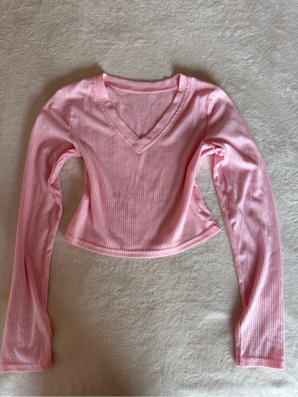 SHEIN Light Pink Ribbed V-Neck Long Sleeve Top